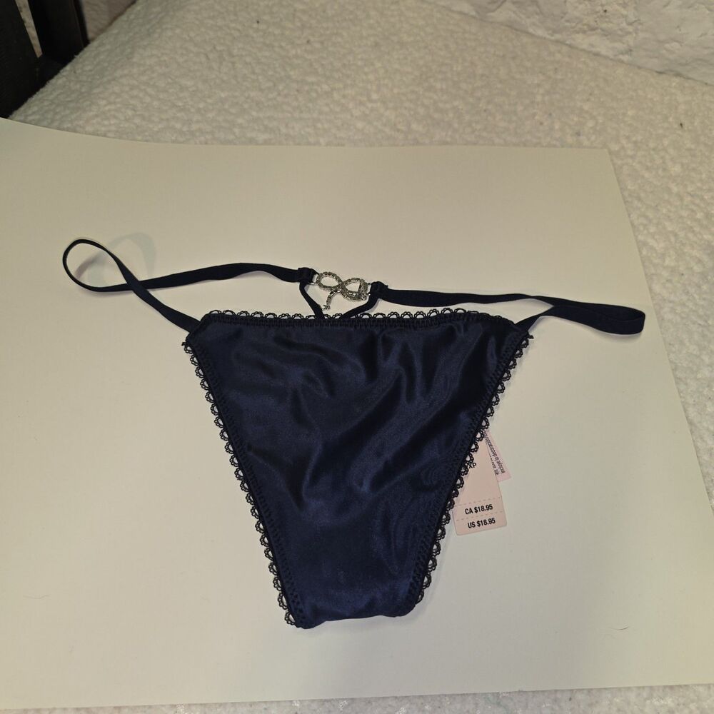 Victoria's Secret XS Navy Satin Lace Trim V-String Thong Panty Rhinestone - Picture 2 of 5